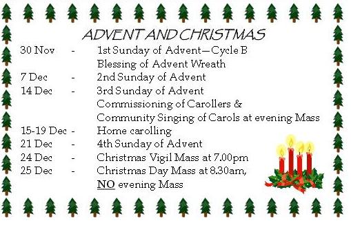Parish schedule from Advent to Christmas.  (Please wait for image to load. Thanks!)