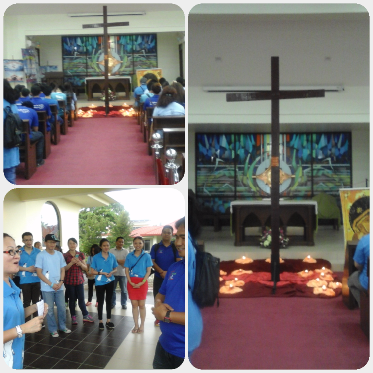 Clockwise from left: The youths seen in the chapel with SYD Cross near the altar; a close-up view of the Cross; the two Youth Ministry leaders greeting each other during the handing over.